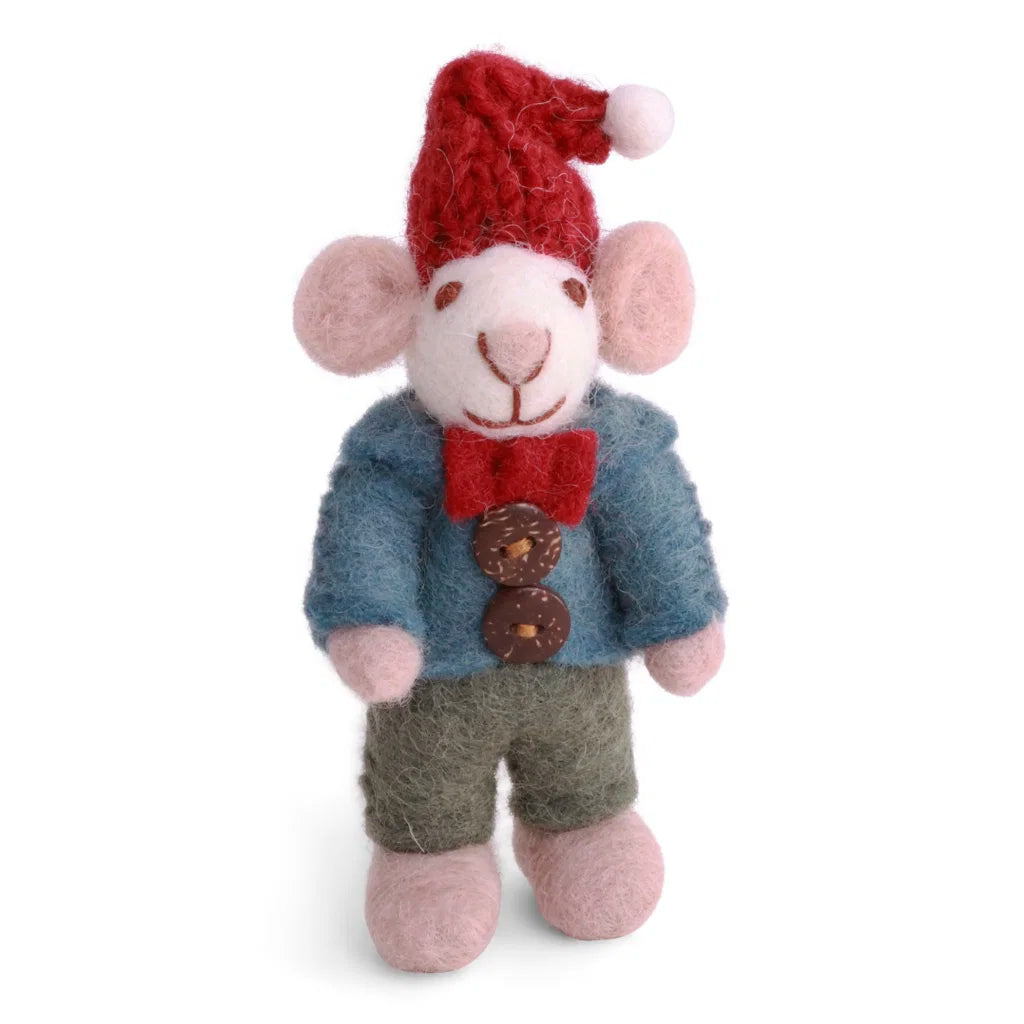 Mini hvit gutte mus med jakke, 8 cm