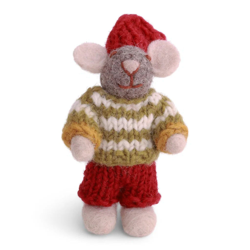 Mini grå gutte mus med stripete genser, 8 cm