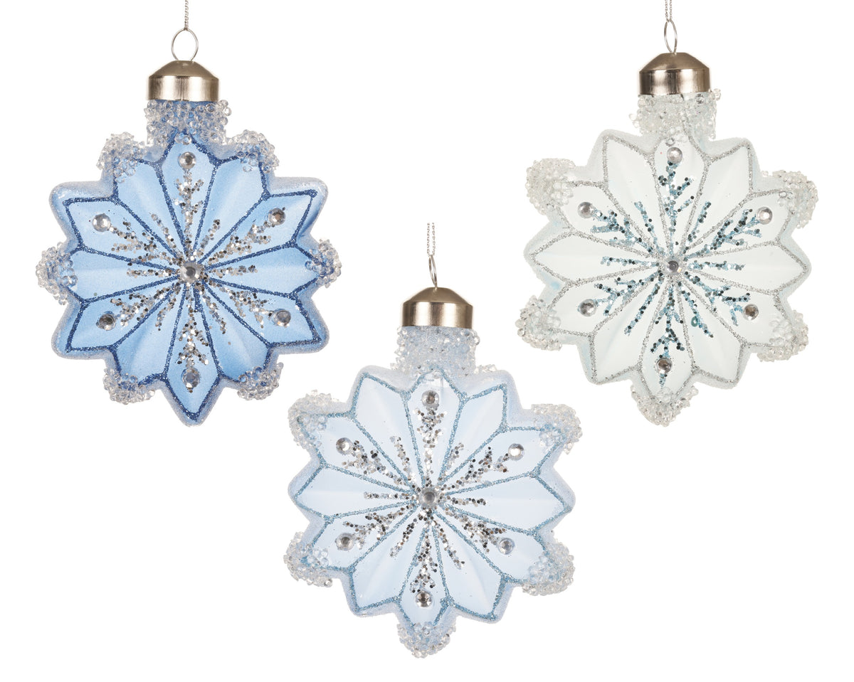 Julepynt i matt glass med glitter-snøfnugg og perler