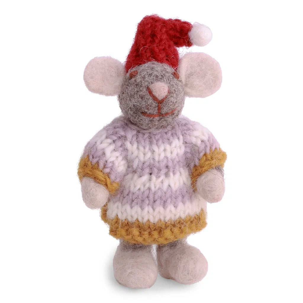 Mini grå jente mus med stripete kjole, 8 cm