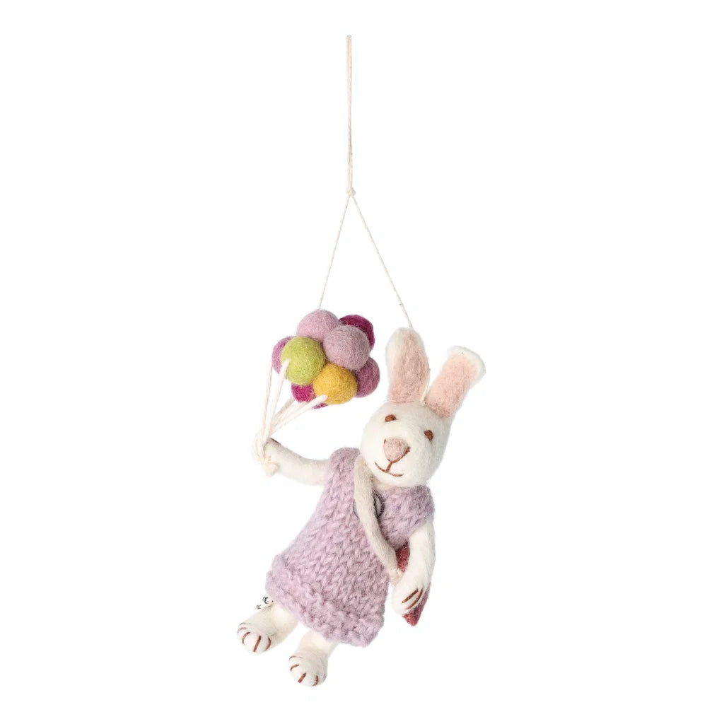 Hvit kanin jente med lavendel kjole og ballonger, 12 cm