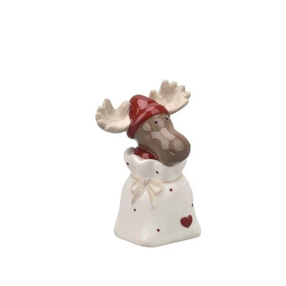 Juledekorasjon, elg i julegavesekk, H 10cm, keramikk