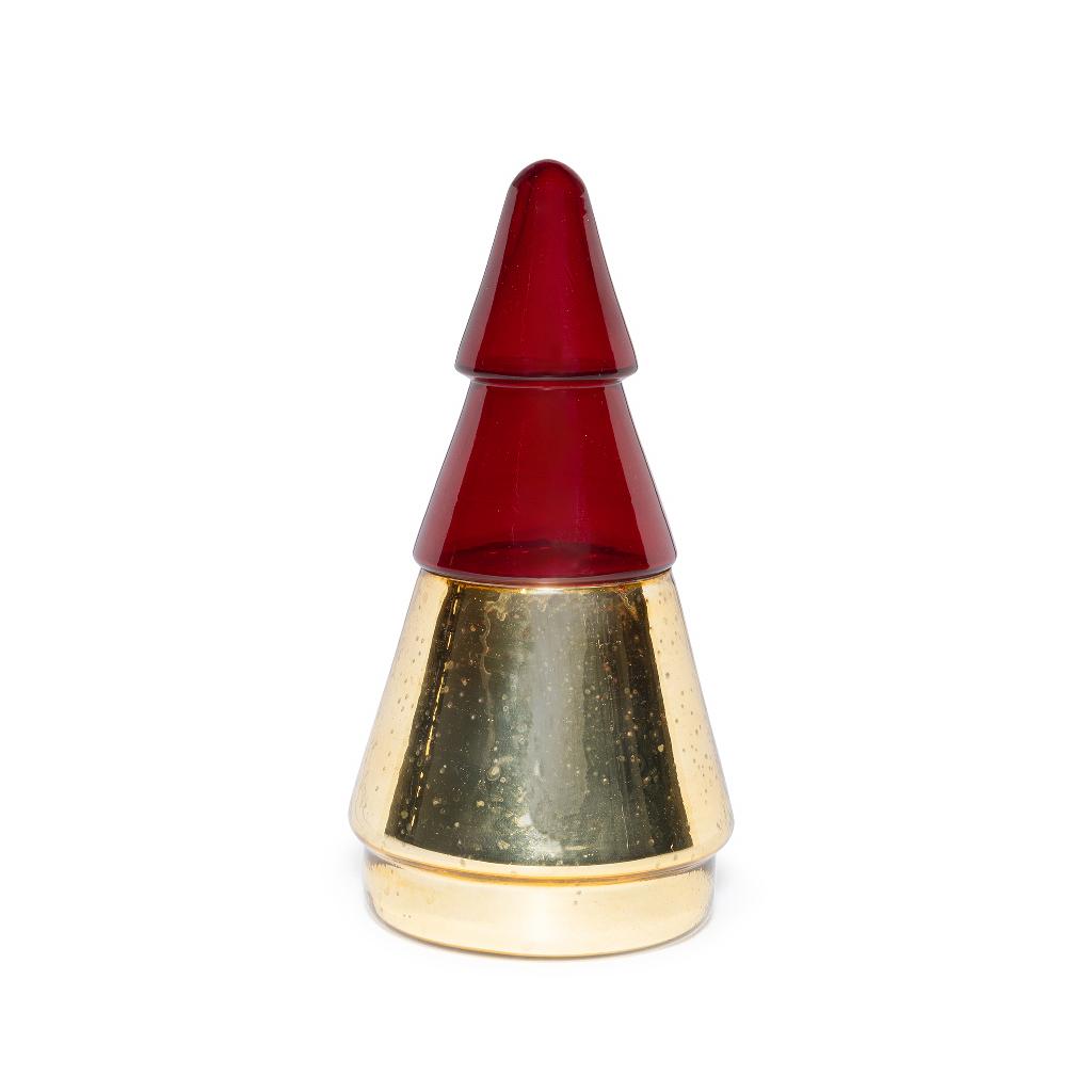 Duftlys i glass, juletreform, gull/rød