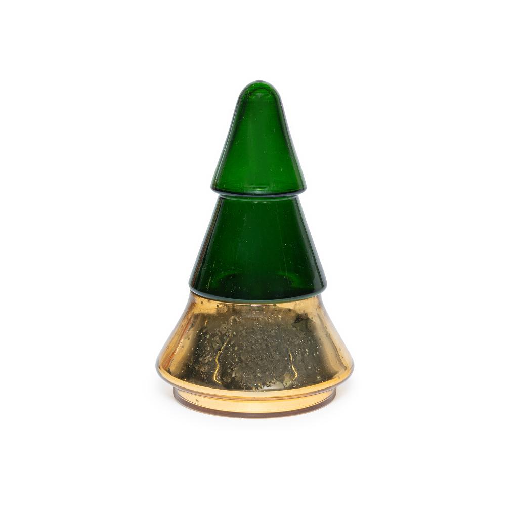 Duftlys i glass, juletreform, gull/grønn