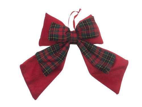Dobbel sløyfe i fløyel og tartan, rød, liten