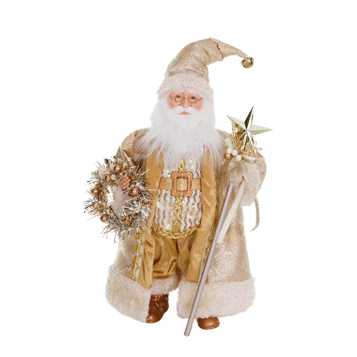 Julenisse med krans og stav, gull/krem, 46 cm