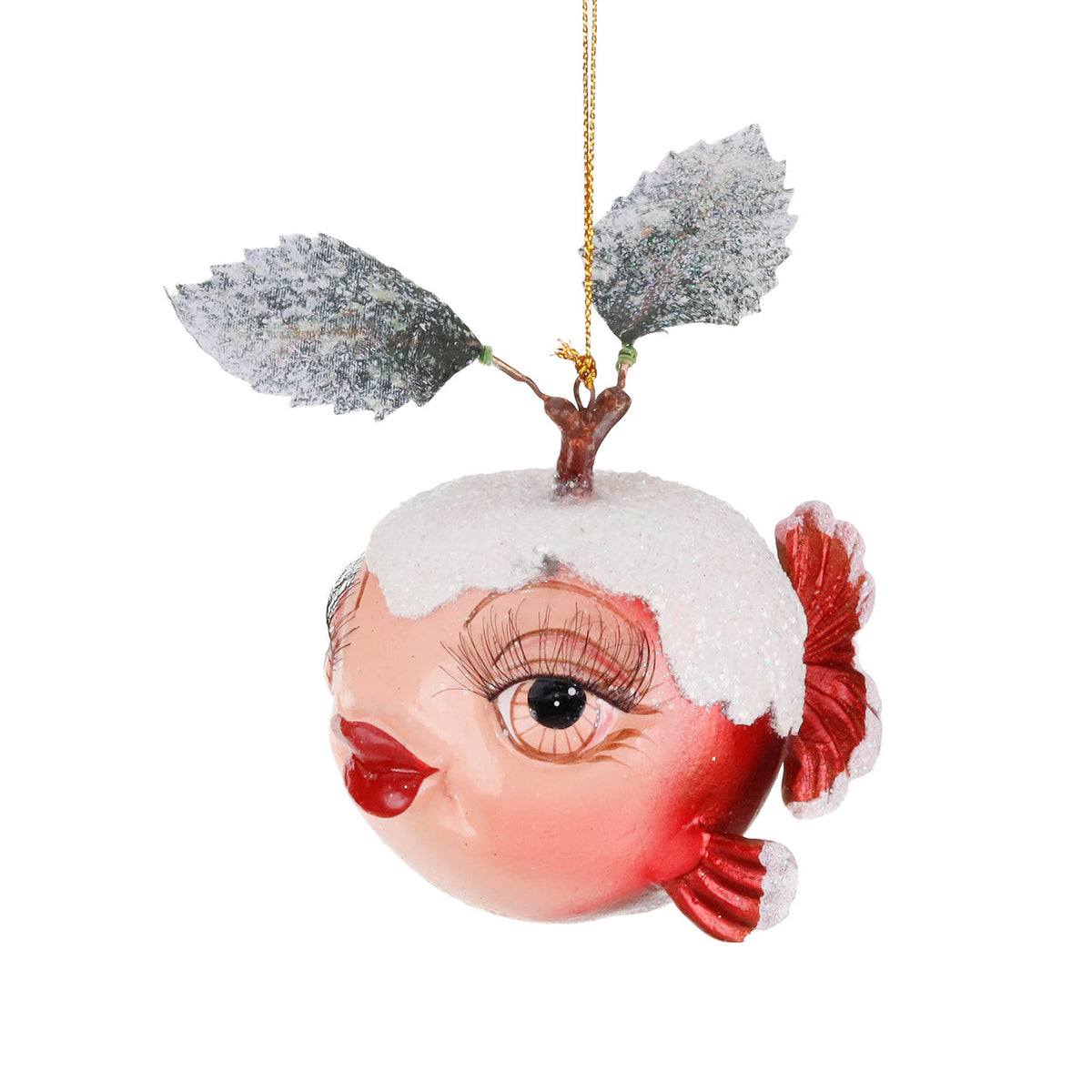 Julepynt kulefisk i eplemotiv, rød/hvit, 10 cm