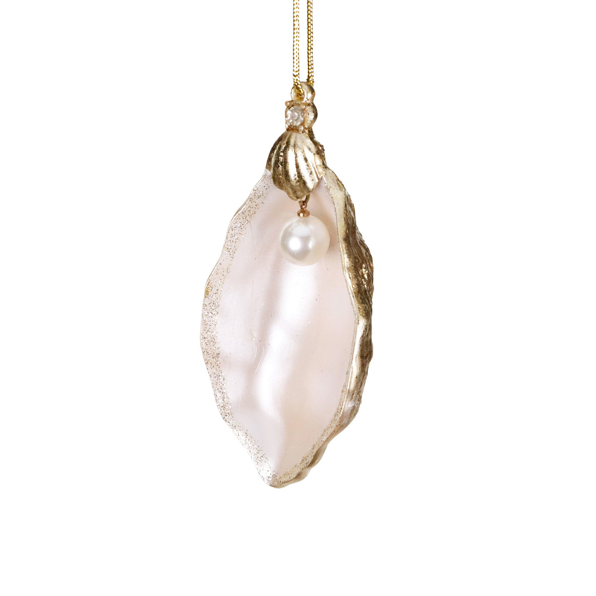 Julepynt østers med hengende perle, champagne/gull/krem, 13 cm