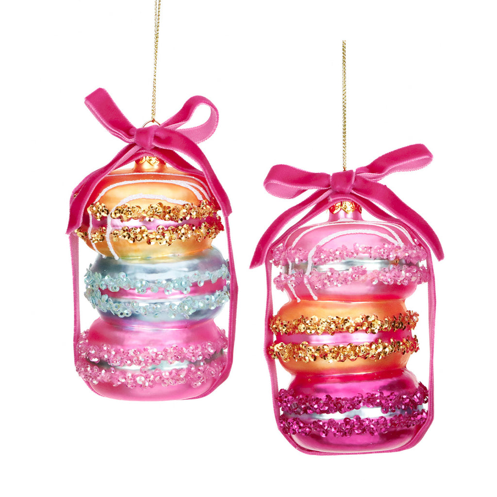 Julepynt glassmakronstabel, rosa/blå/gul, 11,5 cm