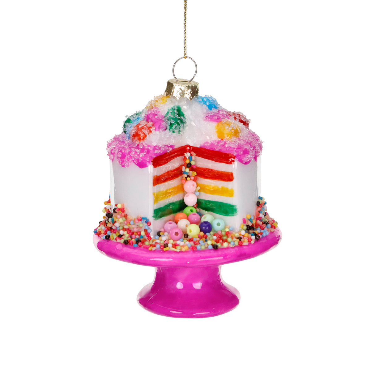 Julepynt kake på fat, i glass, rosa/flerfarget, 10 cm