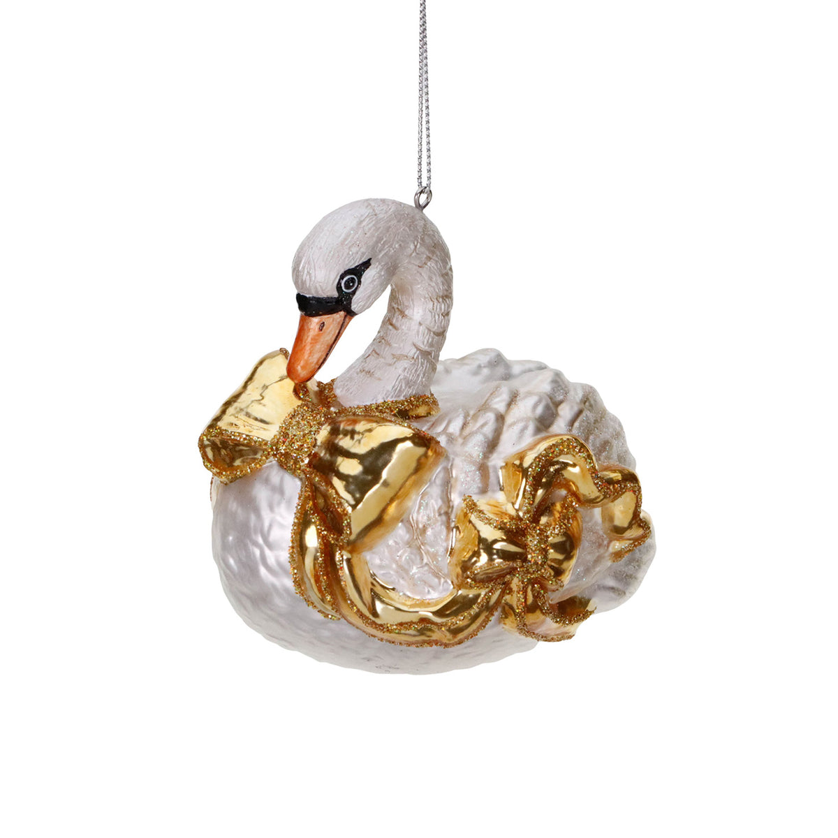 Julepynt glasssvane med sløyfe, hvit/gull, 11 cm