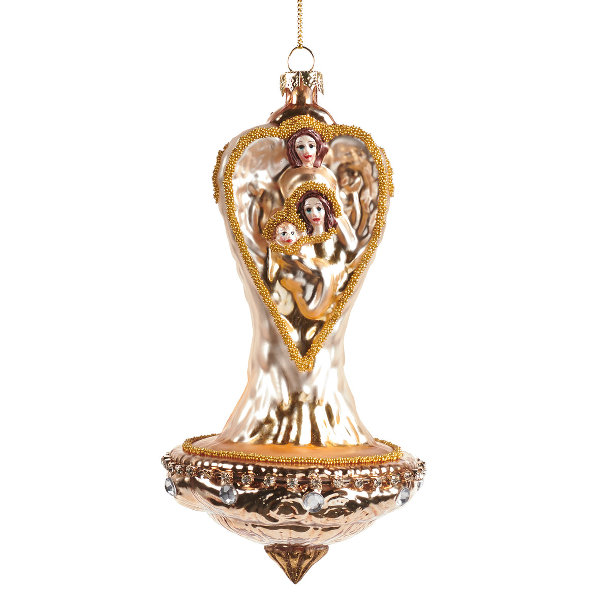 Julepynt glassengel med Maria og Jesus, krem/champagne, 16,5 cm